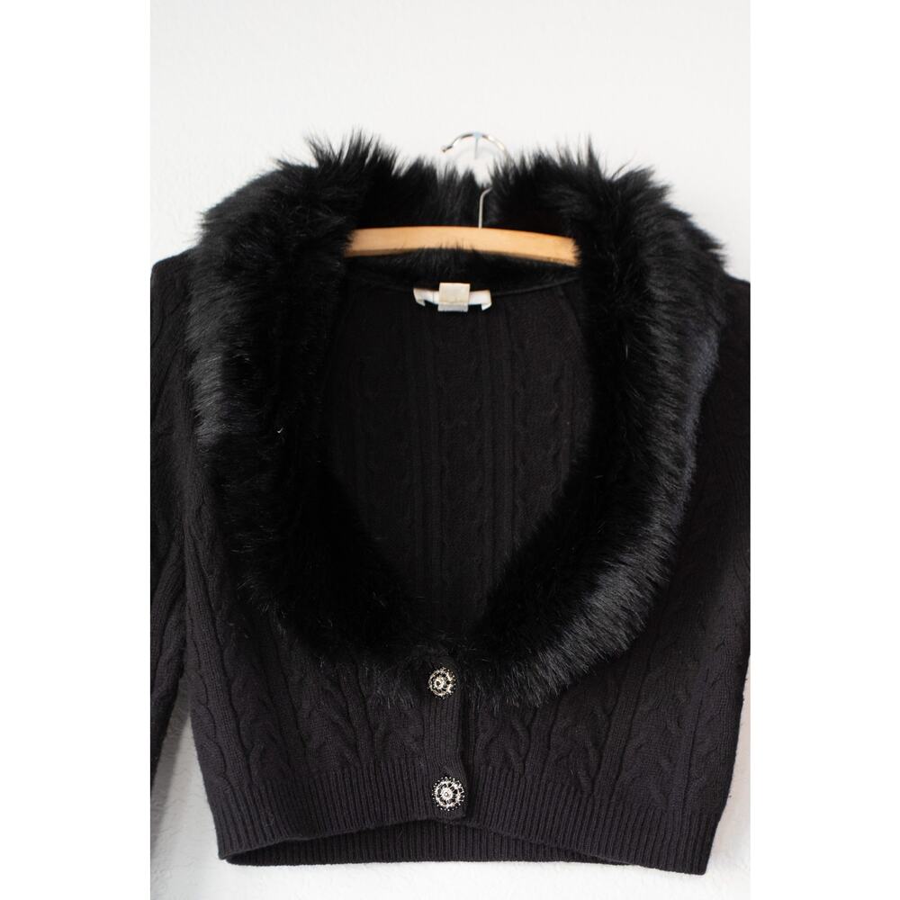 Fur Collar Cropped Cardigan Small Y2K Ann Taylor Loft - Picture 2 of 7